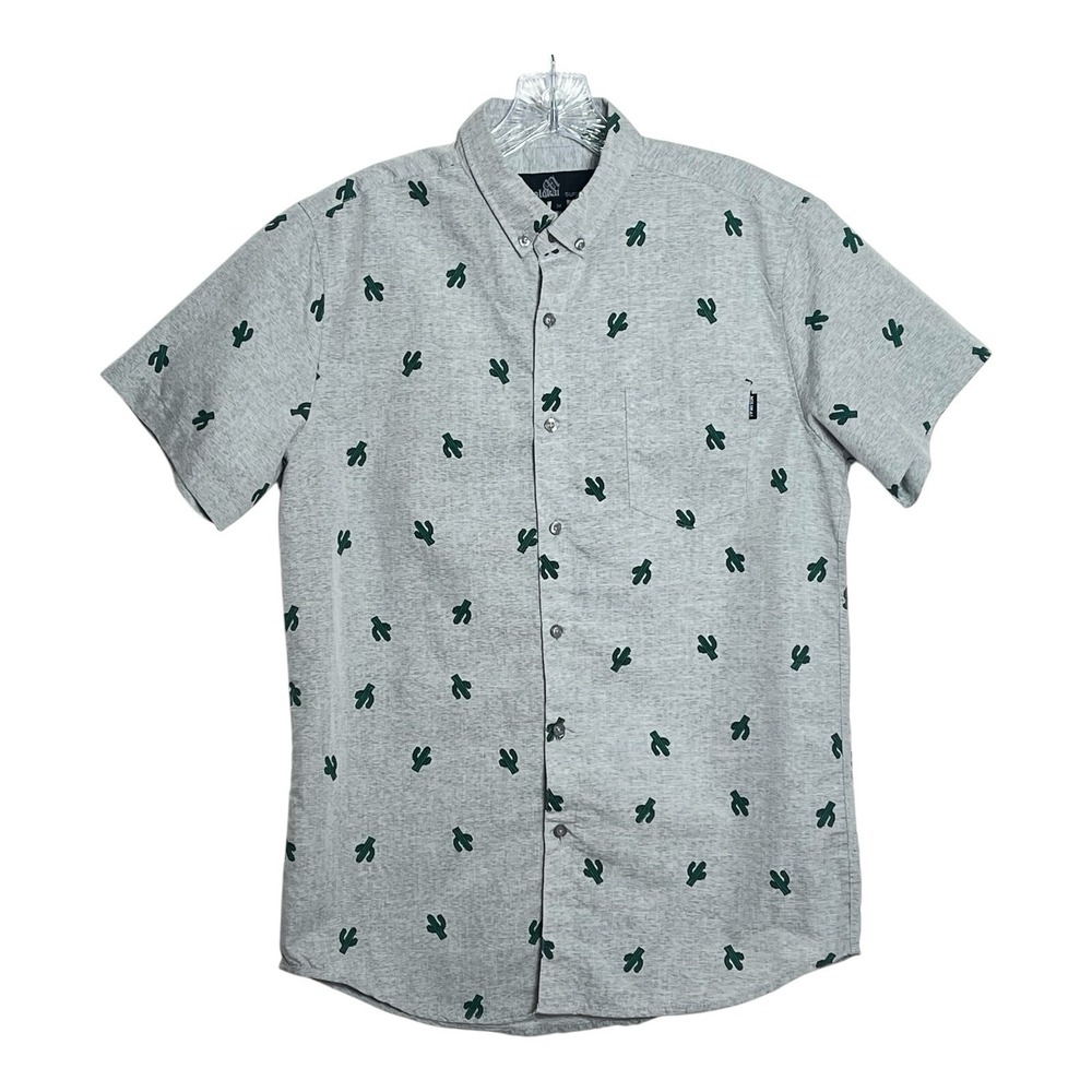 Molokai Surf Co Mens Short Sleeve Button Up Cactus‎ Print Gray Shirt Size M